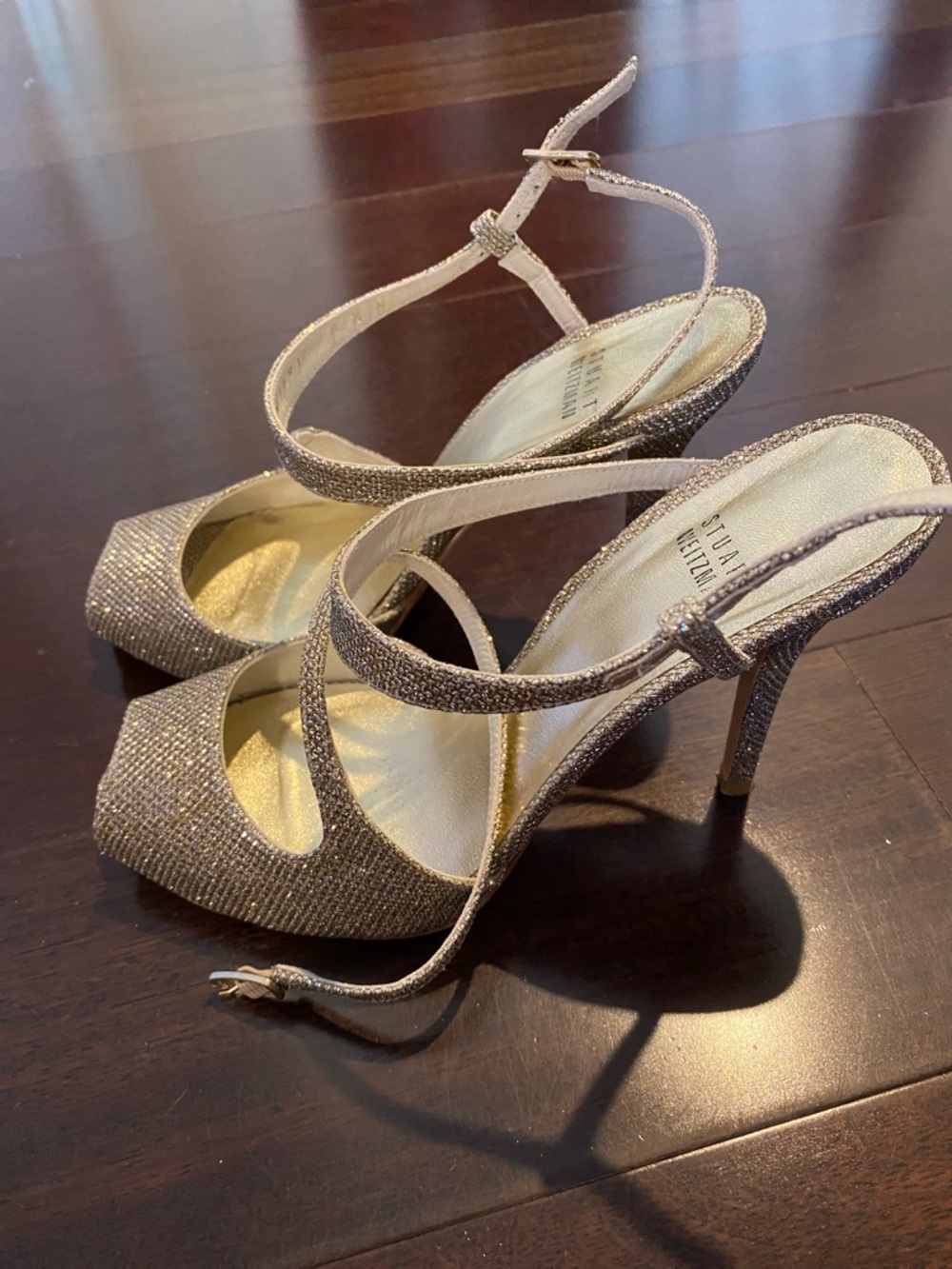 Stuart Weitzman Gold Glitter Open-Toe Strappy Heels - Picture 2 of 8